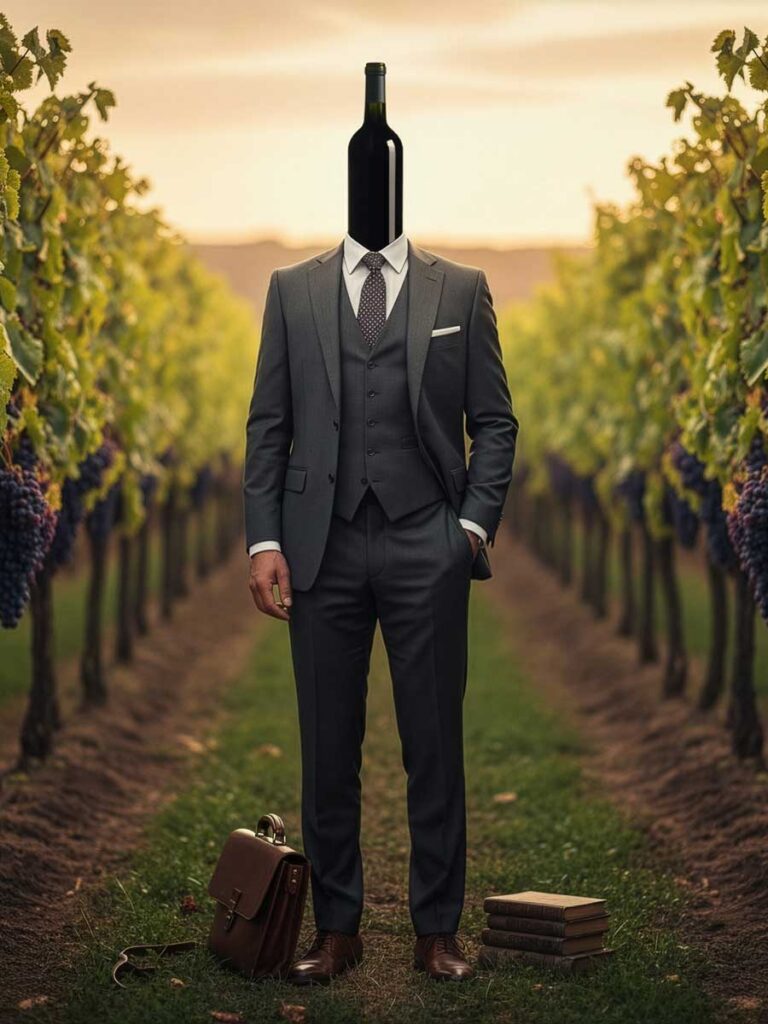 Mann im Anzug mit Weinflasche als Kopf